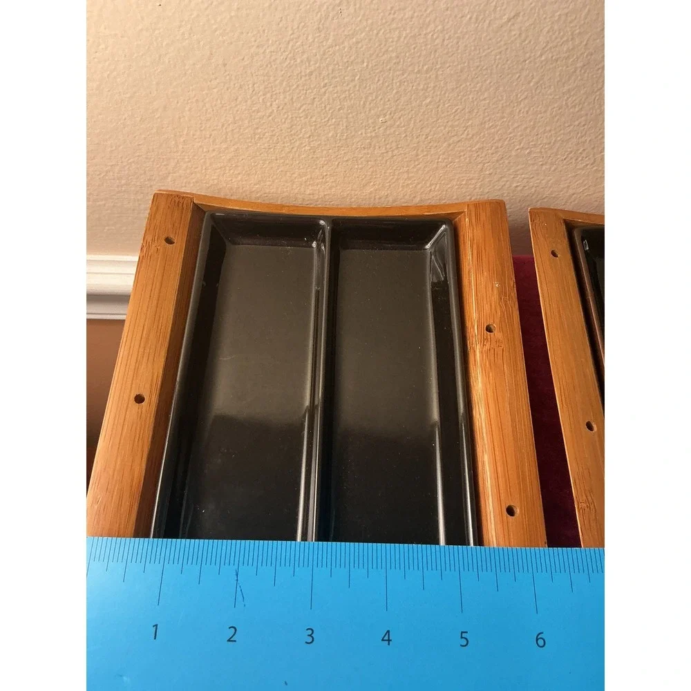 Tru Bamboo 4 Piece Serving Set Black Ceramic Divided Trays with Bamboo Bases
